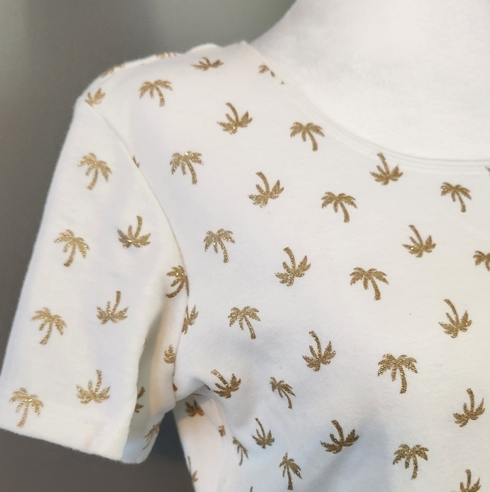 Karen Scott Palm Tree Shirt. SM Gold White Metallic Travel Tropical Resort Euro